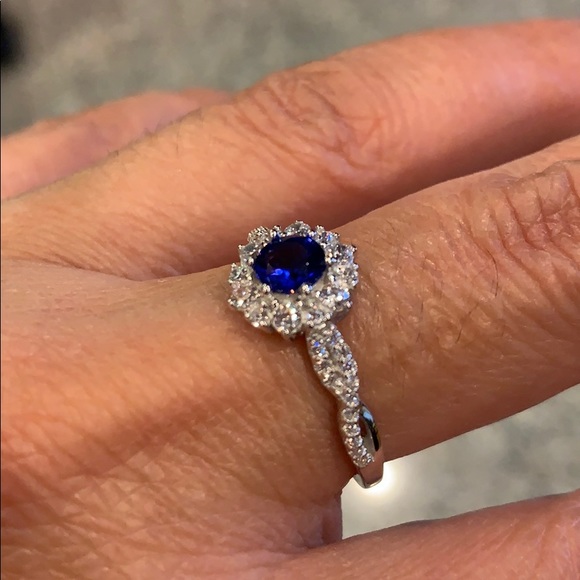 4.5mm Round Blue CZ September Engagement Ring - Picture 2 of 7